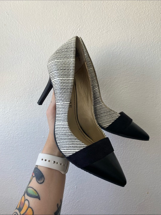 Audrey Brooke Shoes - Audrey Brooke Black and White Striped Pointed-Toe Heels